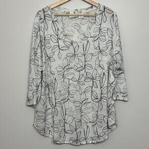Cynthia Rowley 1X Linen Tropical V-Neck Casual Blouse Tee Shirt Coastal Neutral